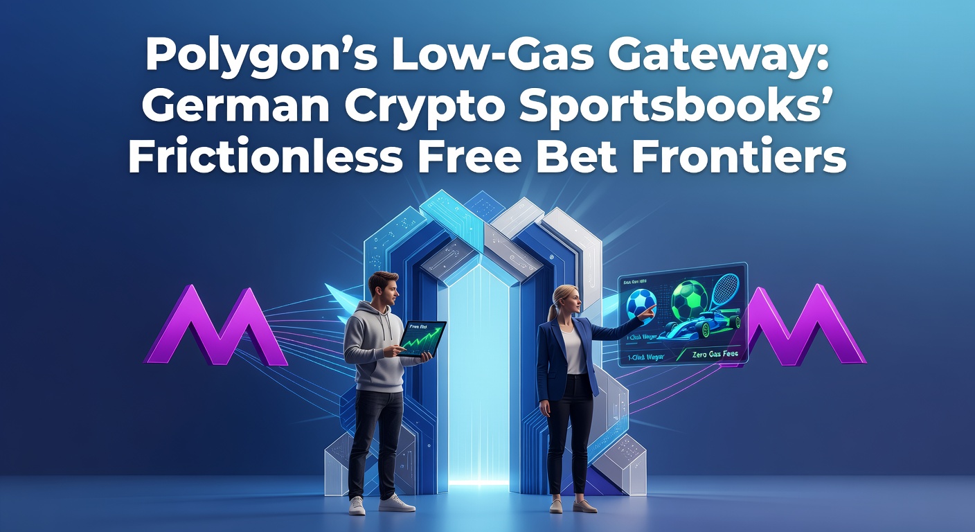 Darstellung eines digitalen Gateways mit Polygon-Logo und niedrigen Gas-Symbolen, das schnelle Transaktionen für Crypto-Wetten symbolisiert