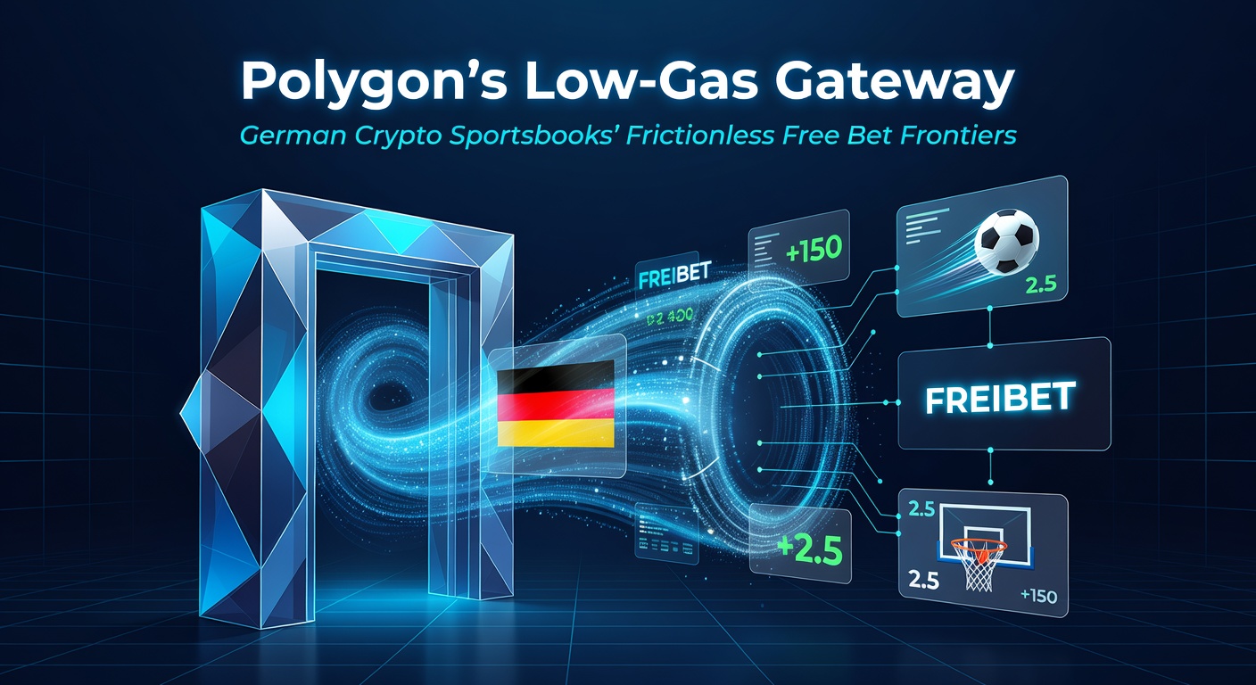 Grafik zeigt Free-Bet-Flow auf Polygon-Netzwerk mit niedrigen Gas-Symbolen und deutschen Sportsbook-Elementen wie Bundesliga-Logos