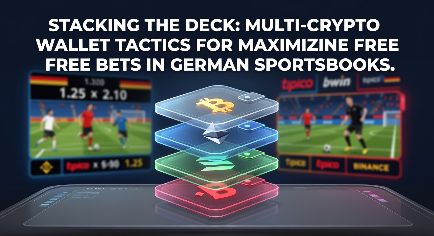 Darstellung mehrerer Krypto-Wallets, die mit Sportwetten-Boni verknüpft sind, vor einem Hintergrund deutscher Sportwettenplattformen